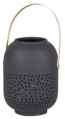 Schwarze Zuhausesein Laterne mit Sternenhimmel-Muster und goldenem Henkel, dekorative Innenraum-Beleuchtung für gemütliche Atmosphäre.